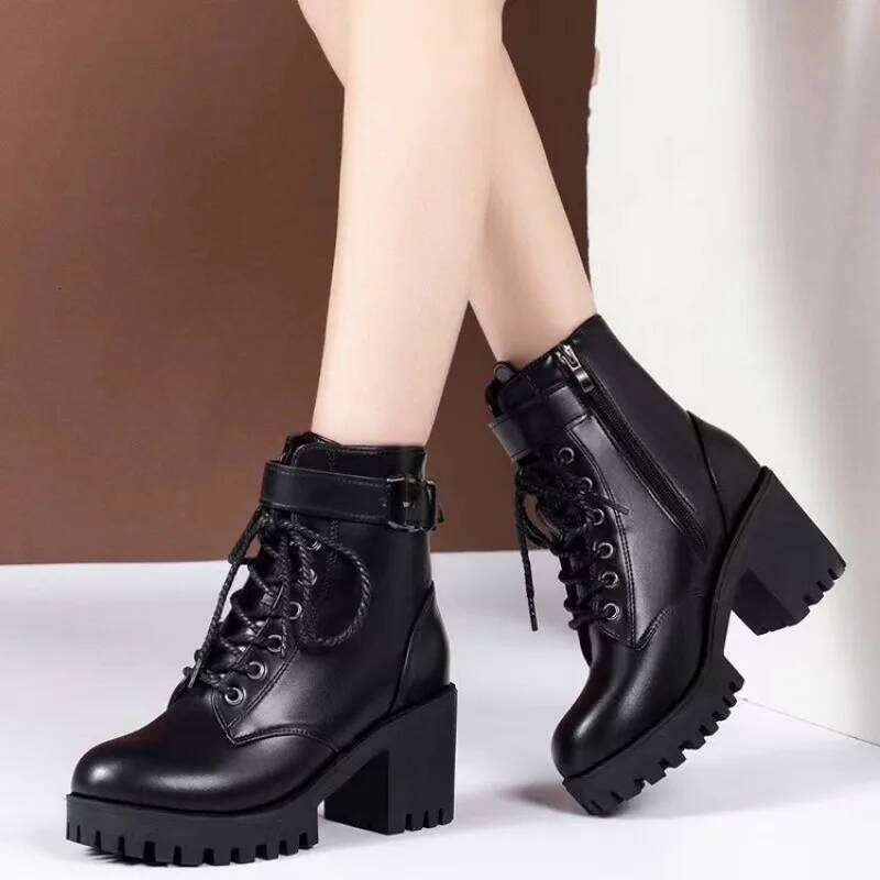 Winter Women's 2025 New Lace Up for Womens Fashion Thick Heel Side Zipper Ankle Boots Warm Female Motorcycle Shoes