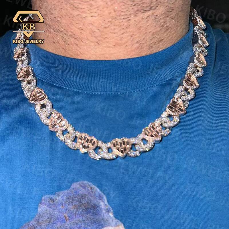 Hip Hop Chaine Jewelry VVS 925 Sterling Silver Rose White Gold Two Tones Plated 18mm Diamond Moissanite Heart Cuban Link Chain