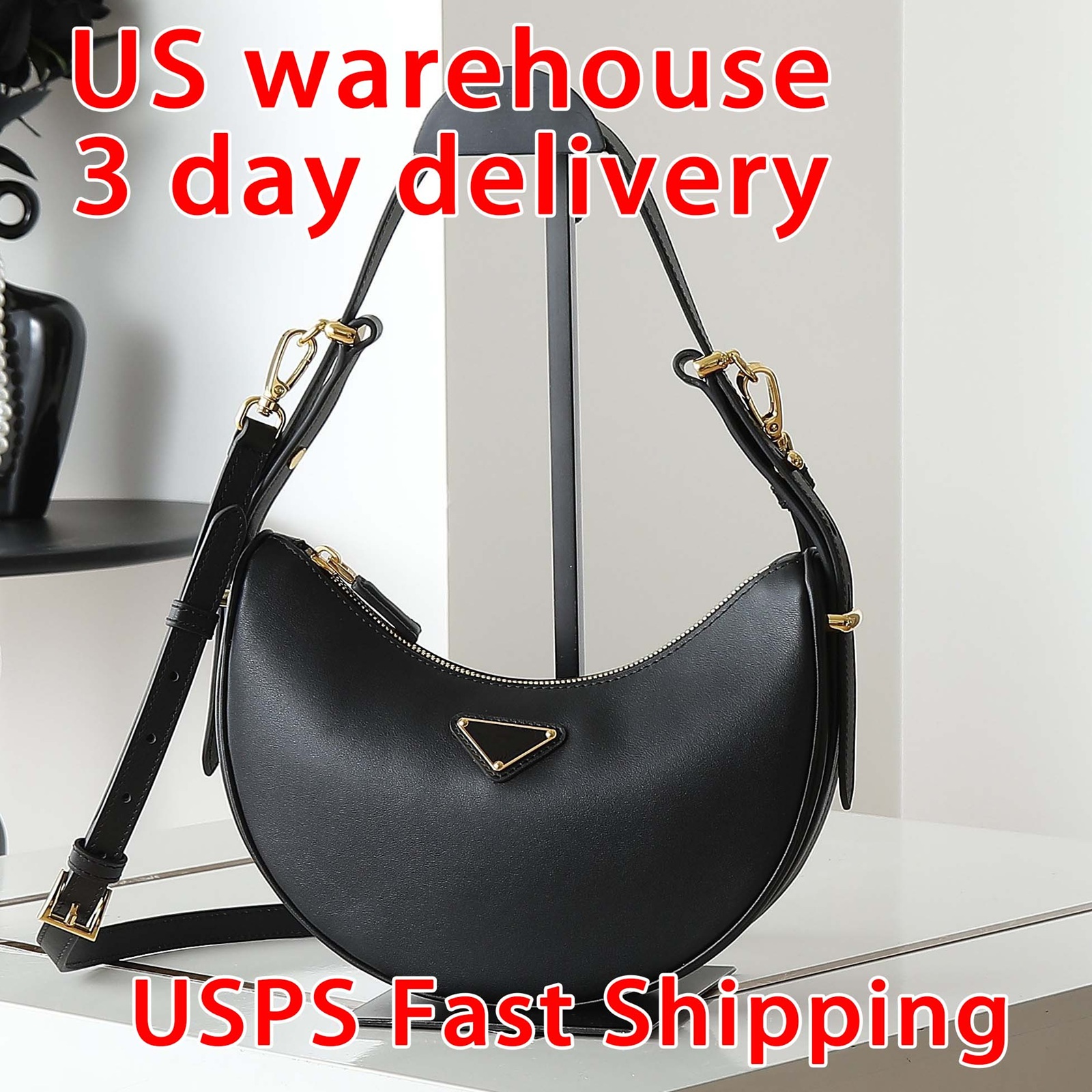 Designer bag shoulder bag crossbody bag luxury bag women's wallet fashionable black metal triangle leather handbag high-quality moon bag mini bag armpit bag