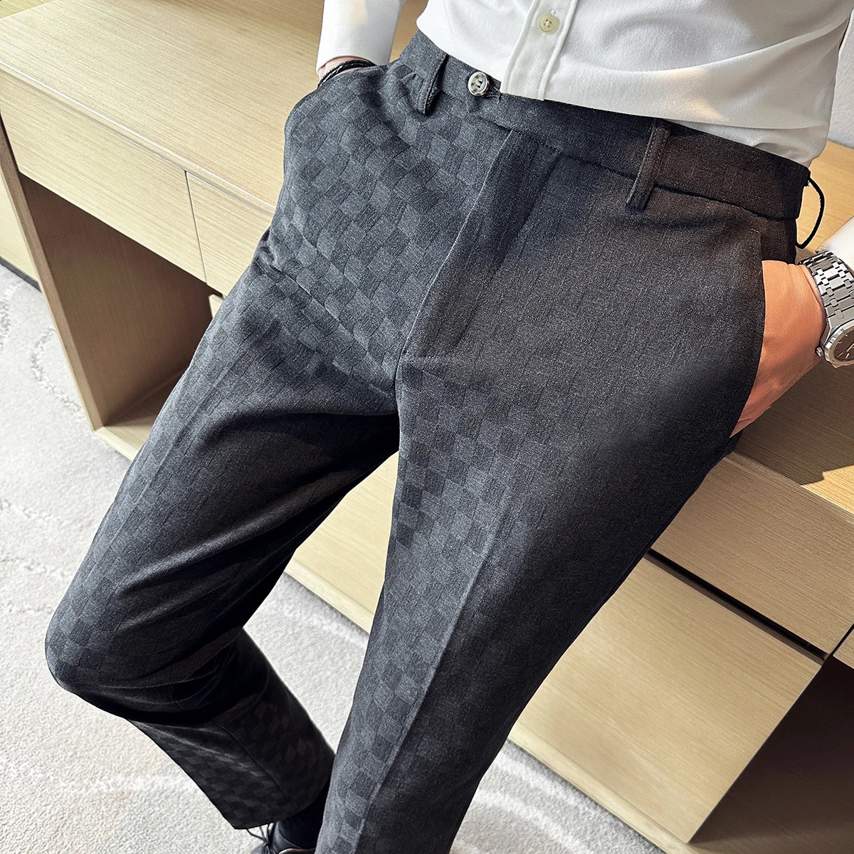 Men Casual Plaid Suit Pants Fashion Mens Slim Fit Business Social Dress Pants Formal Wedding Social Party Male Trousers 250919
