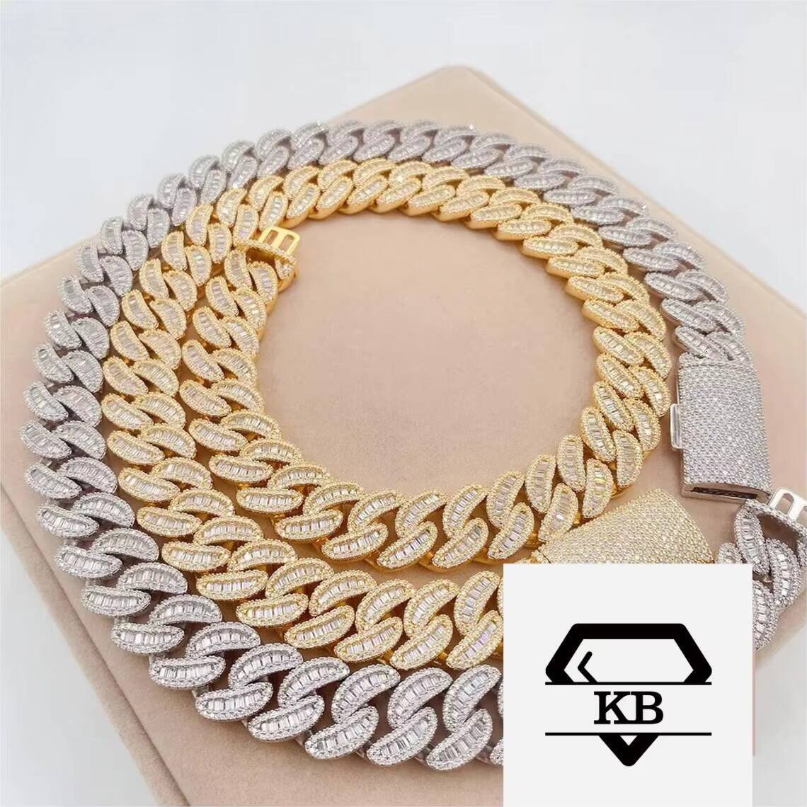 Hip Hop Jewelry 925 Sterling Silver 15mm Baguette Cut Diamond Luxury Moissanite Cuban Link Chain