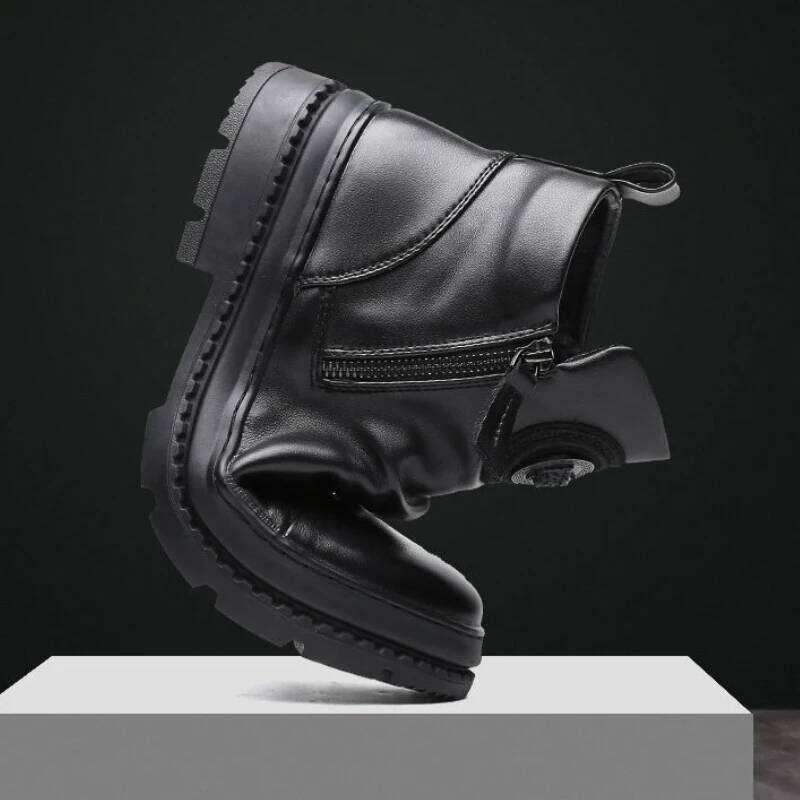 Men's Motorcycle Leather British Style Round Head High Top Shoes Side Zip Walking Casual Platform Boots Bota Masculina
