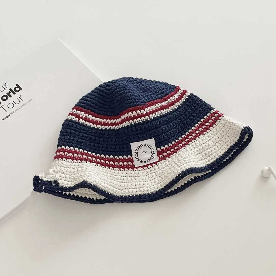 Korean Version Contra Striped Knitted Fisherman Hat Versatile Hollow Breathable Hand Woven Yarn Hat Y250920