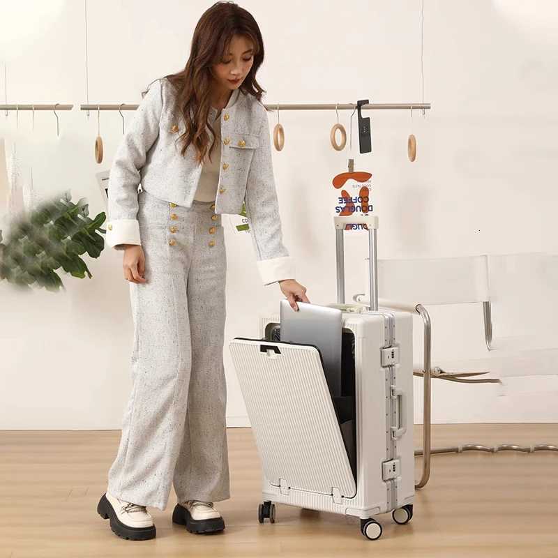 New Suitcase Front Opening Laptop Bag Aluminum Frame Luggage with USB Port Password Trolley Case Travel Suitcases 2028 inch W250920