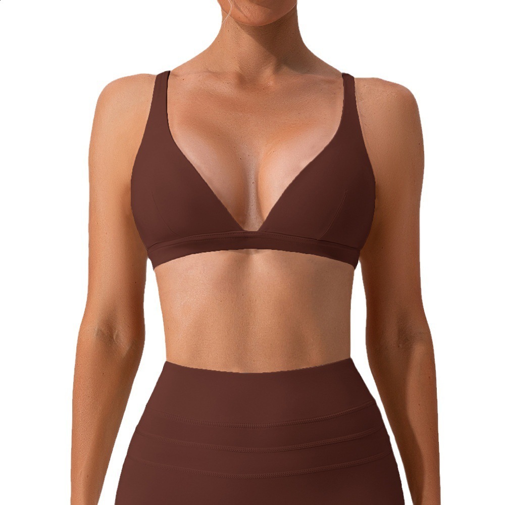 Sports Bra for Women Sexy Deep V-Neck Triangle Bra Yoga Top Buttery Soft Open Back Padded Fitness Gym Crop Top 241031