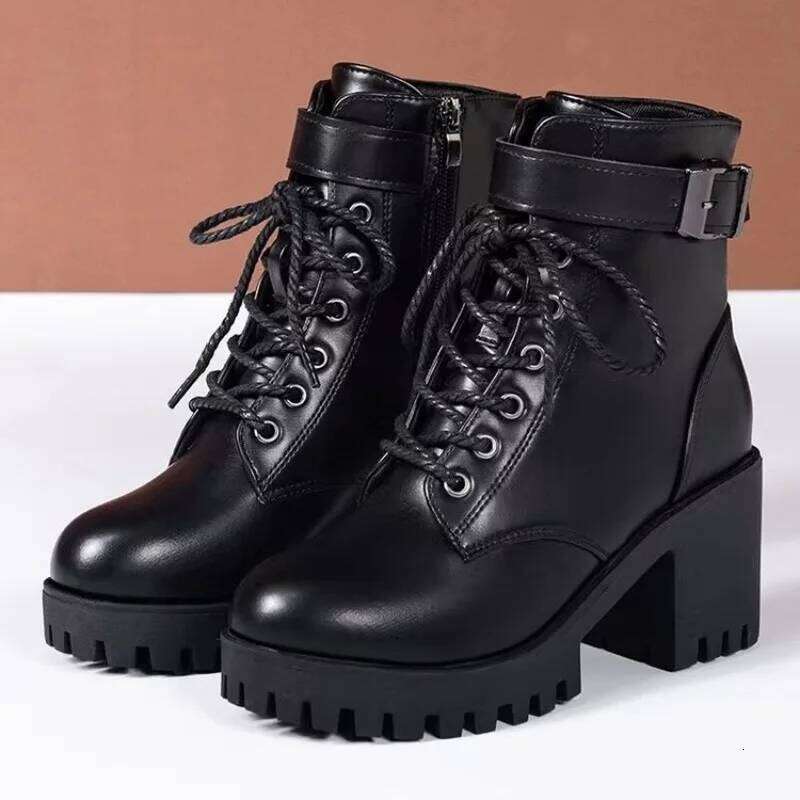 Winter Women's 2025 New Lace Up for Womens Fashion Thick Heel Side Zipper Ankle Boots Warm Female Motorcycle Shoes