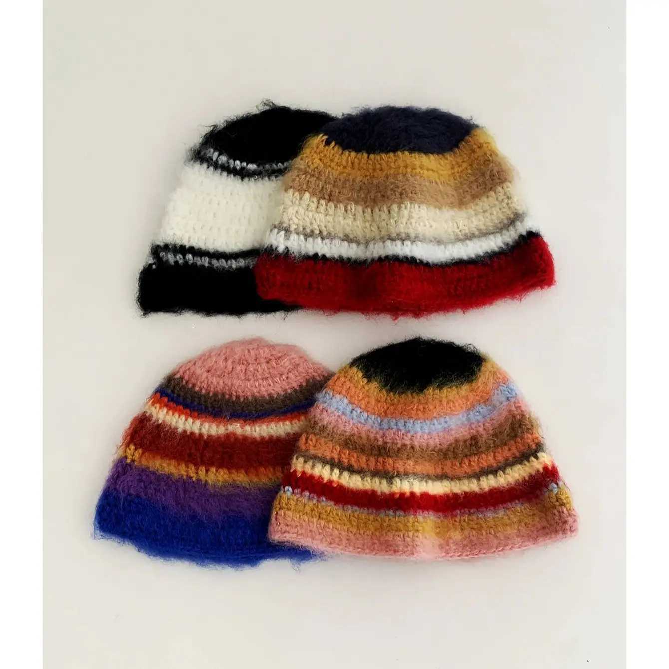 Niche Handmade Knitted Stripesd Mohair Fisherman Hat Wen Autumn and Winter Retro Warm and Cute FaceShowing Small Woolen Hat Y250920