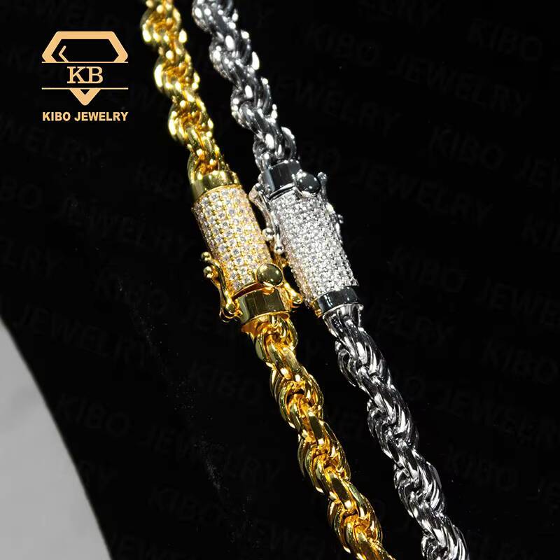 Hip Hop Rope Chain Gold Plated White Gold Plated 925 Sterling Silver Moissanite Rope Chain Clasp Rope Chain