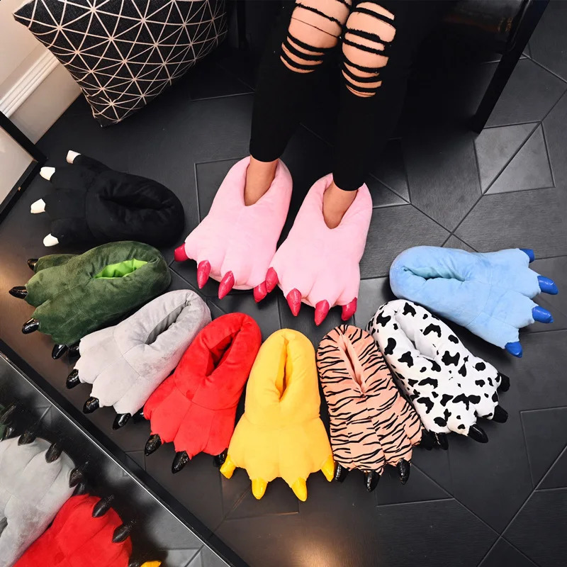 Kawaii Dino Paw Slippers Boys Home Slippers Fluffy Fur Claw Plush Slippers Girls Winter Warm Shoes Kids Christmas Halloween Gift 250920
