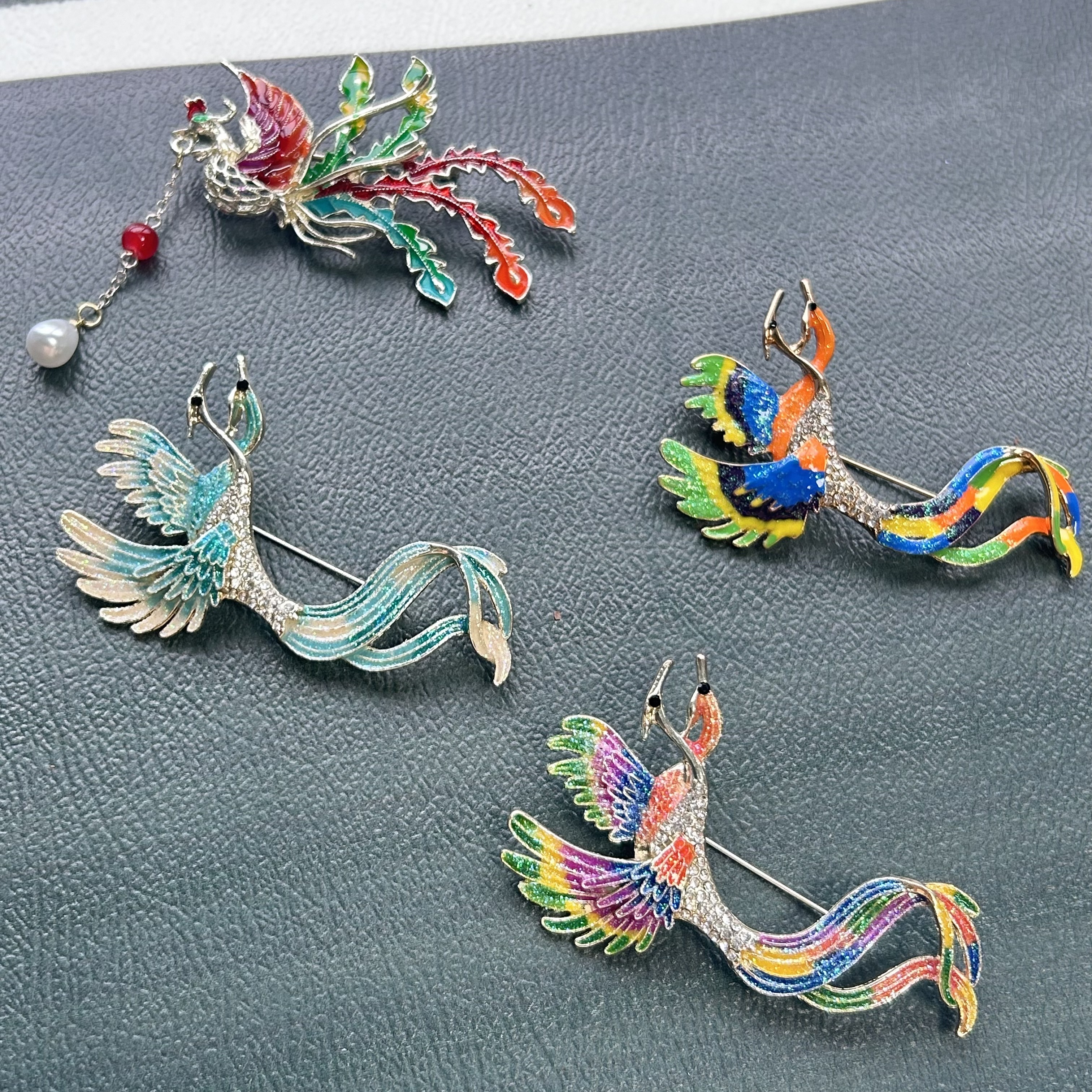 Trendy Rhinestone Exquisite The Golden And Green Phoenixes Fly Together Chinese Style Brooches For Women Luxury Designer Jewelry Niche High-end Brooch