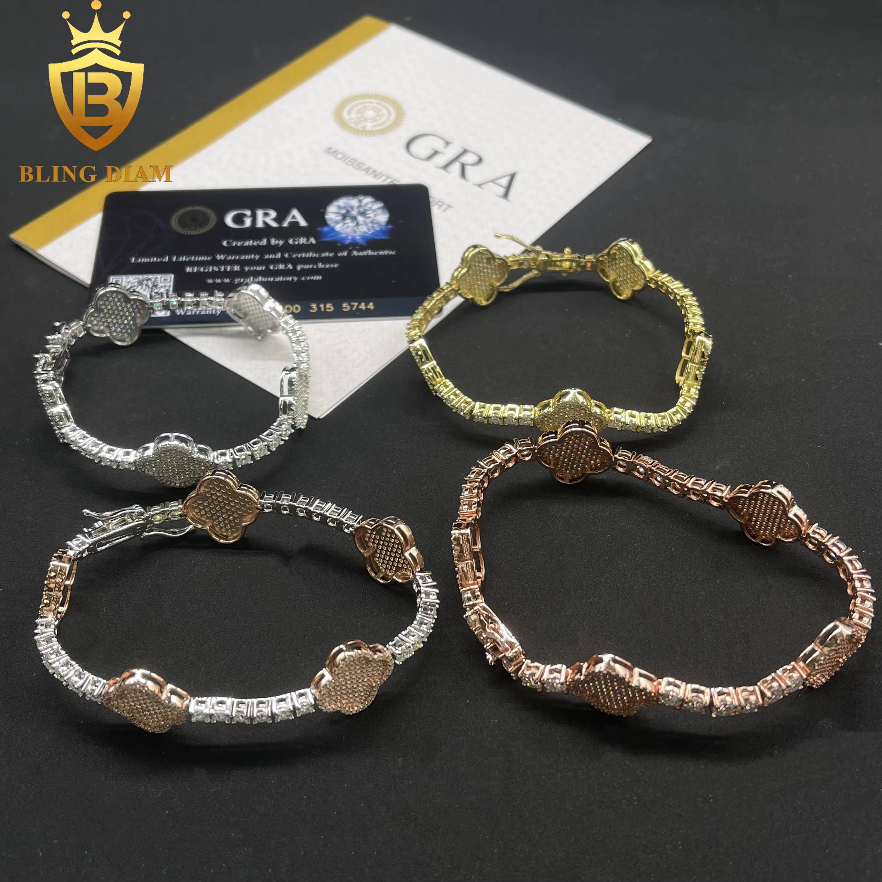 Luxury Charms Bangle Jewelry 3mm 4mm 925 Sterling Silver Rose Gold Vvs Moissanite FourLeaf Clover Bracelets for Men Women