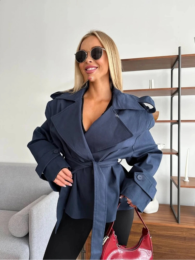 Fashion Lace Up Short Trench Coat Women Chic Solid Lapel Long Sleeve Waist Cinching Windbreaker Lady Autumn Daily Street Jacket 250919
