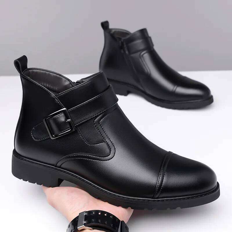 Fashion Casual Business Leather for Men Solid Color Buckle Designer Shoes Male Autumn Winter Antiskid Work Boots Man