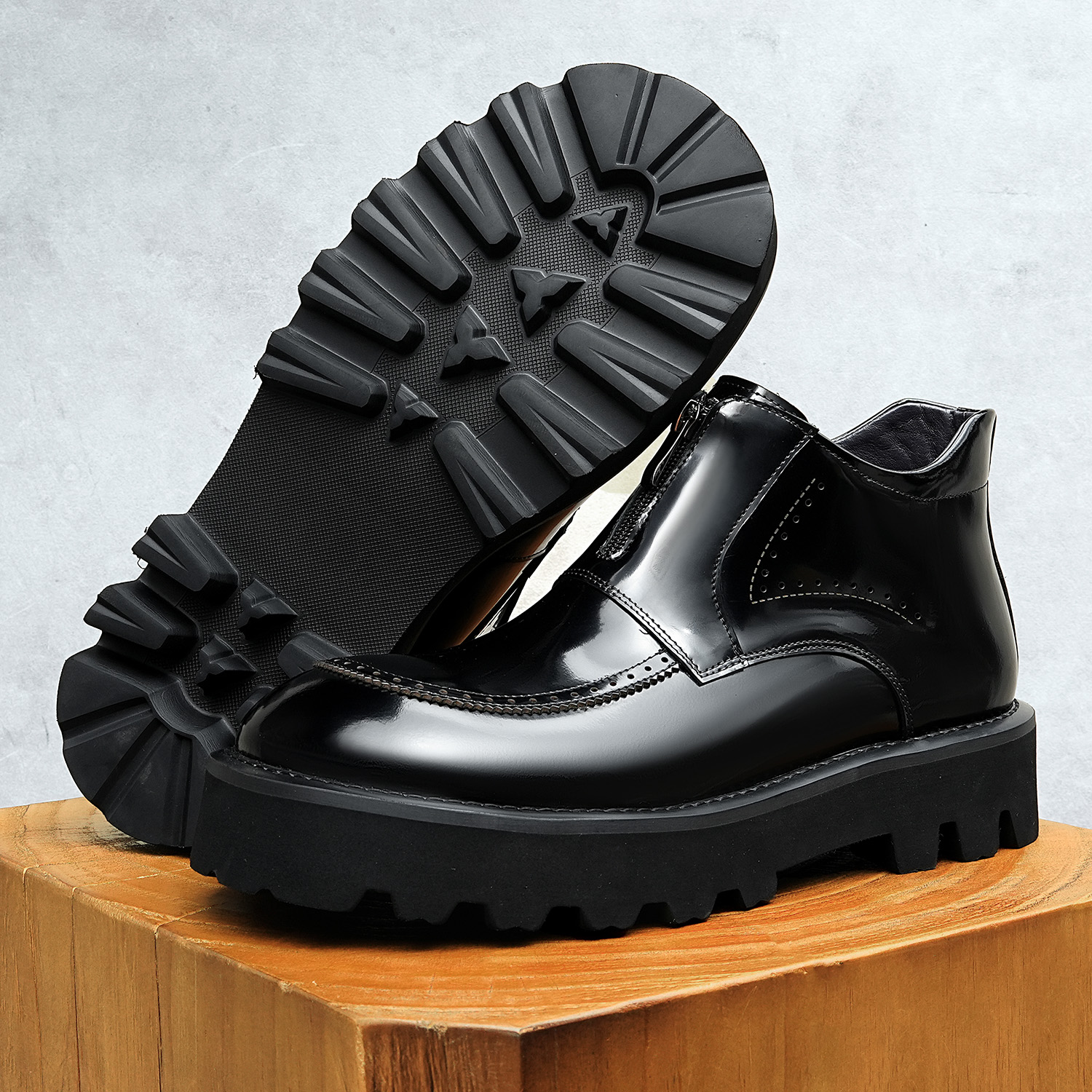 High Top Mens Full Grain Leather Work Boots - Smooth Shine Design & Durable Construction for Everyday Wear