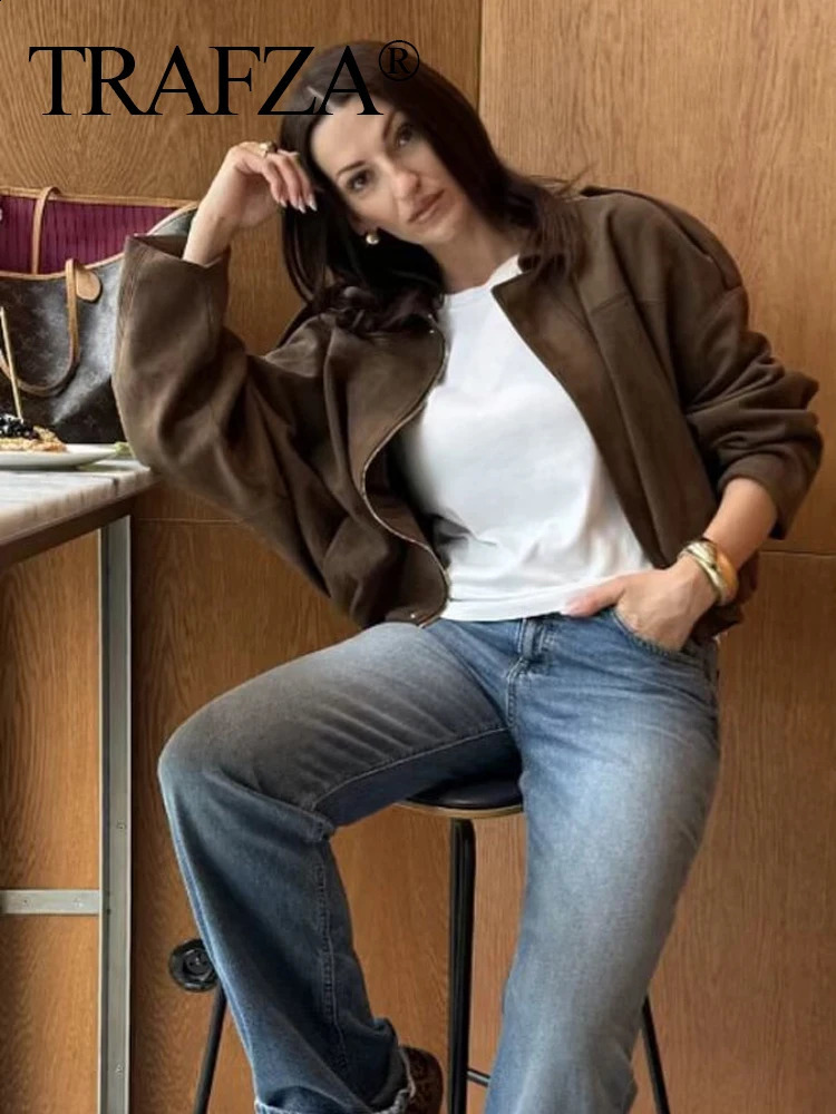 TRAFZA Vintage Womens Suede Texture Bomber Jacket Autumn Lapel Zipper Long Sleeve Oversize Female High Street Outerwear 250923