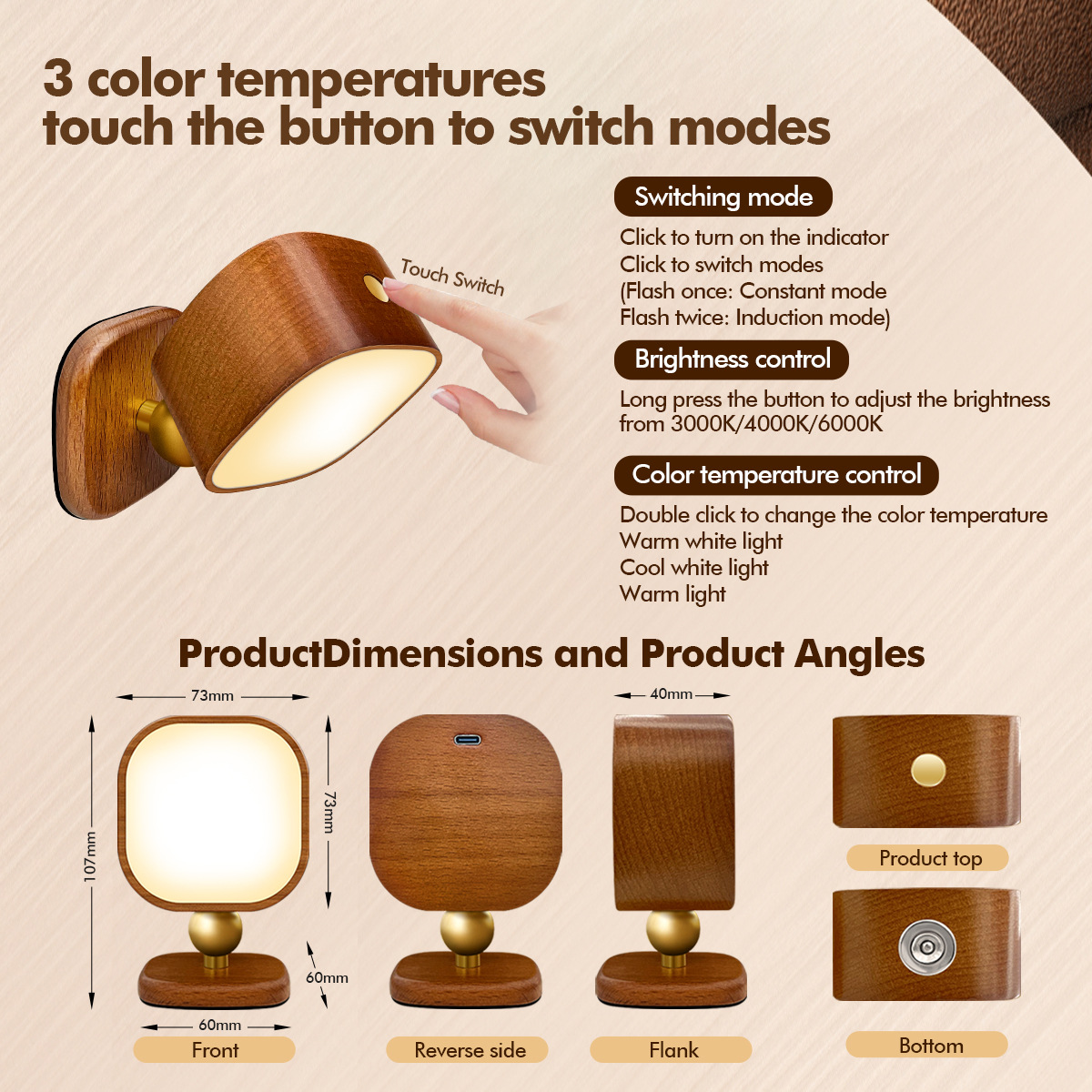 Walnut Ash Wood Radar Sensor Night Light, USB Rechargeable Touch Control Dimmable Bedside Lamp, Eye-Caring Solid Wood Nightlight for Bedroom Nursery D