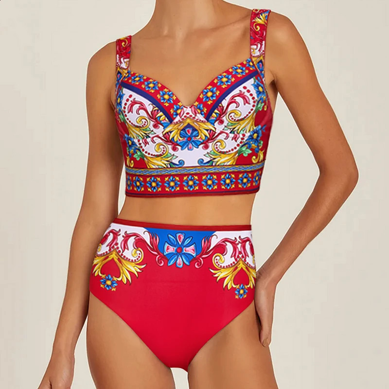 Vintage Sling Pattern Print Bikini Set Women Swimwear Push Up Swimsuit Summer Backless Bathing Suit Beach Wear 250920