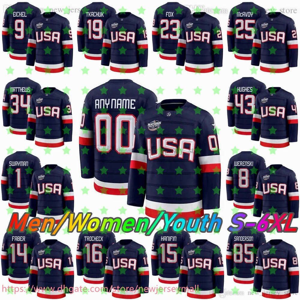 Custom S-6XL 2025 4 Nations Face-Off American Hockey Jersey National 12 Matt Boldy 9 Jack Eichel 29 Brock Nelson 23 Adam Fox 19 Matthew Tkachuk Quinn Hughes