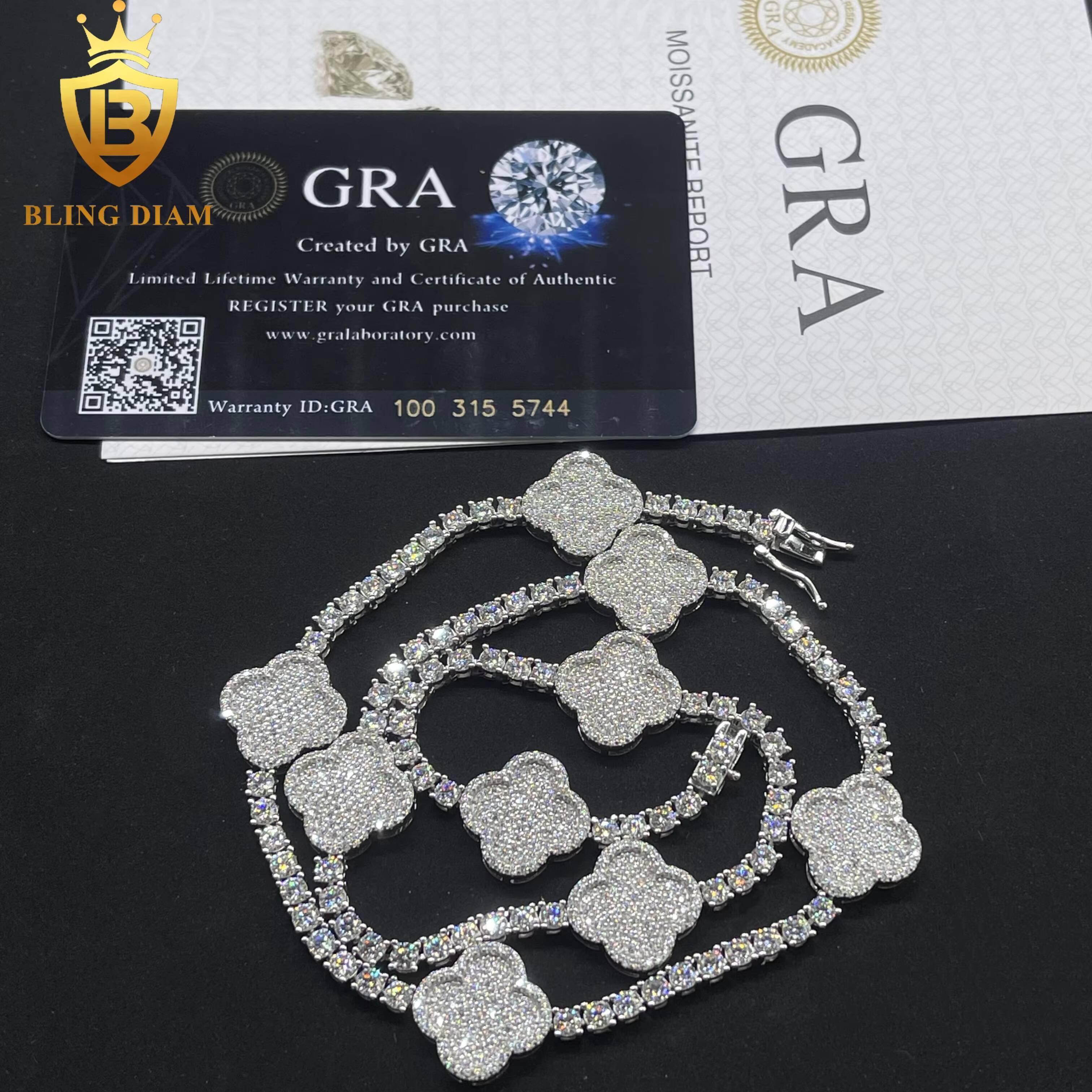 Luxury Charms Bangle Jewelry 3mm 4mm 925 Sterling Silver Rose Gold Vvs Moissanite FourLeaf Clover Bracelets for Men Women