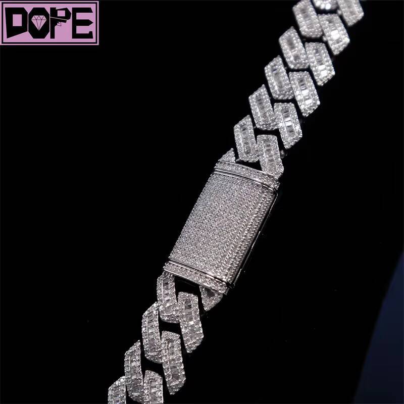 Hip Hop Cuban Link Chain 925 Sterling Silver 15mm Baguette Diamond Iced Out Moissanite Cuban Chain