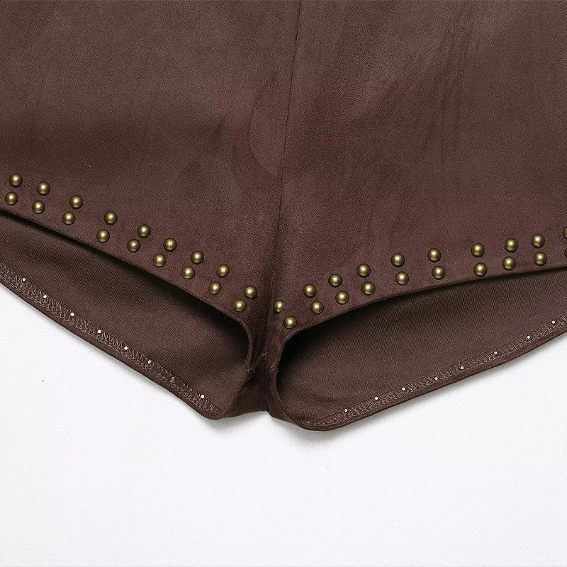 Willshela Women Fashion With Rivet Coffee Side Zipper ALine Mini Skirts Shorts Vintage High Waist Female Chic Lady 250919