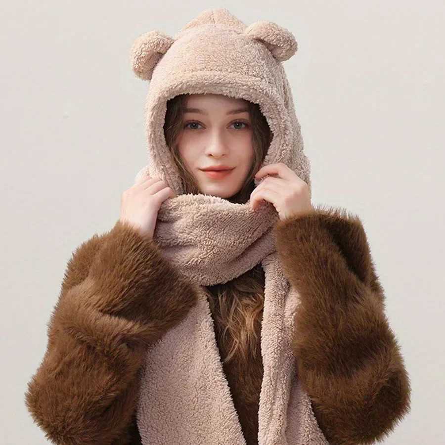 P ted bear hat scarf onepiece wens winter scarf cute winter versatile cycling warmth with p ear protection hood Y250920