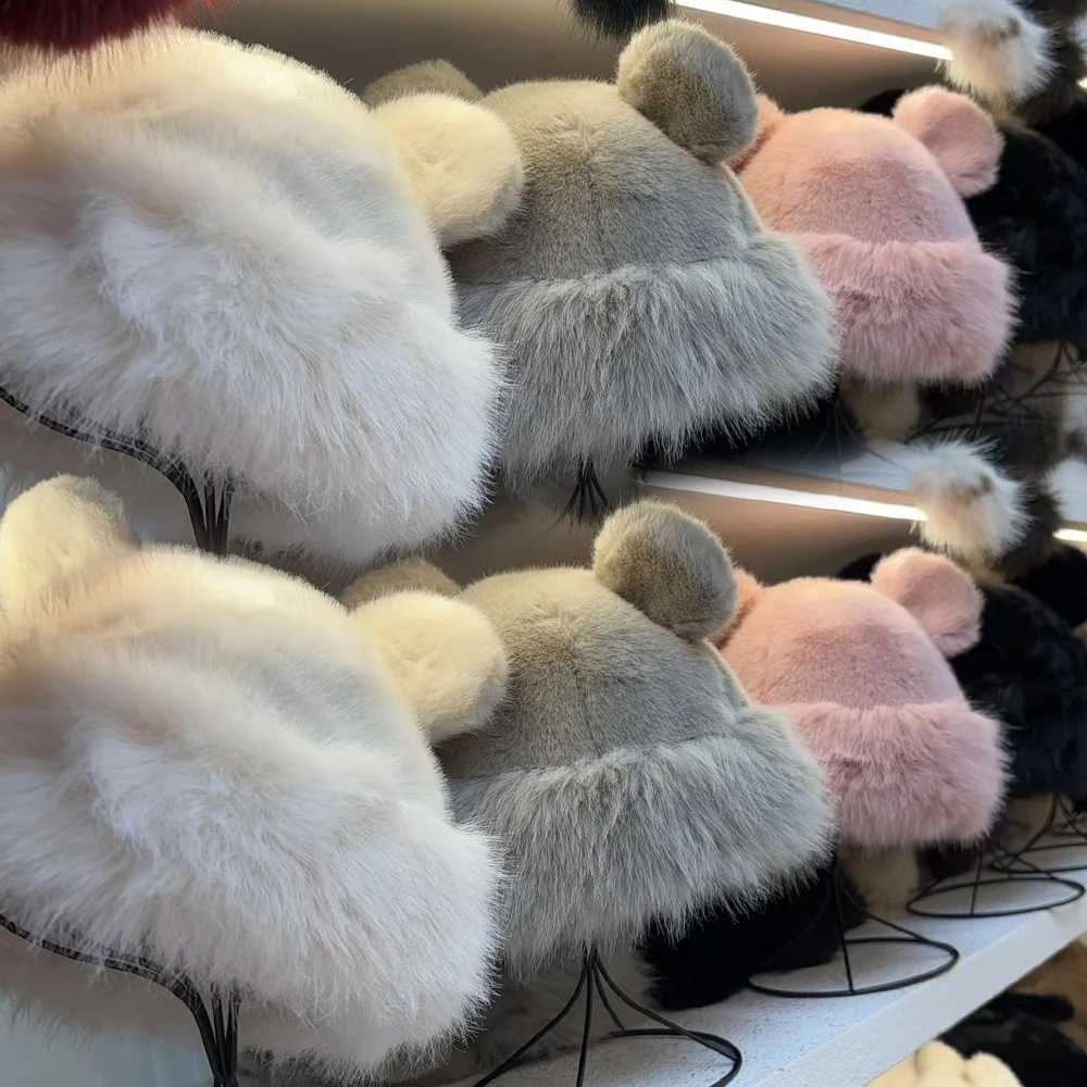 Cute Wen Solid Color P Hats Warm Autumn Winter Korean Little Bear Ears Cute Mongolian C Windproof Ear Protection Bonnets Y250920