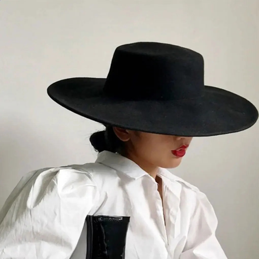 Premium French Womens Hat Big Wide Brim Fedora Hat Winter Wool Derby Wedding Jazz Hats Flat Top Felt Hat Approx 5658 cm Black 250919