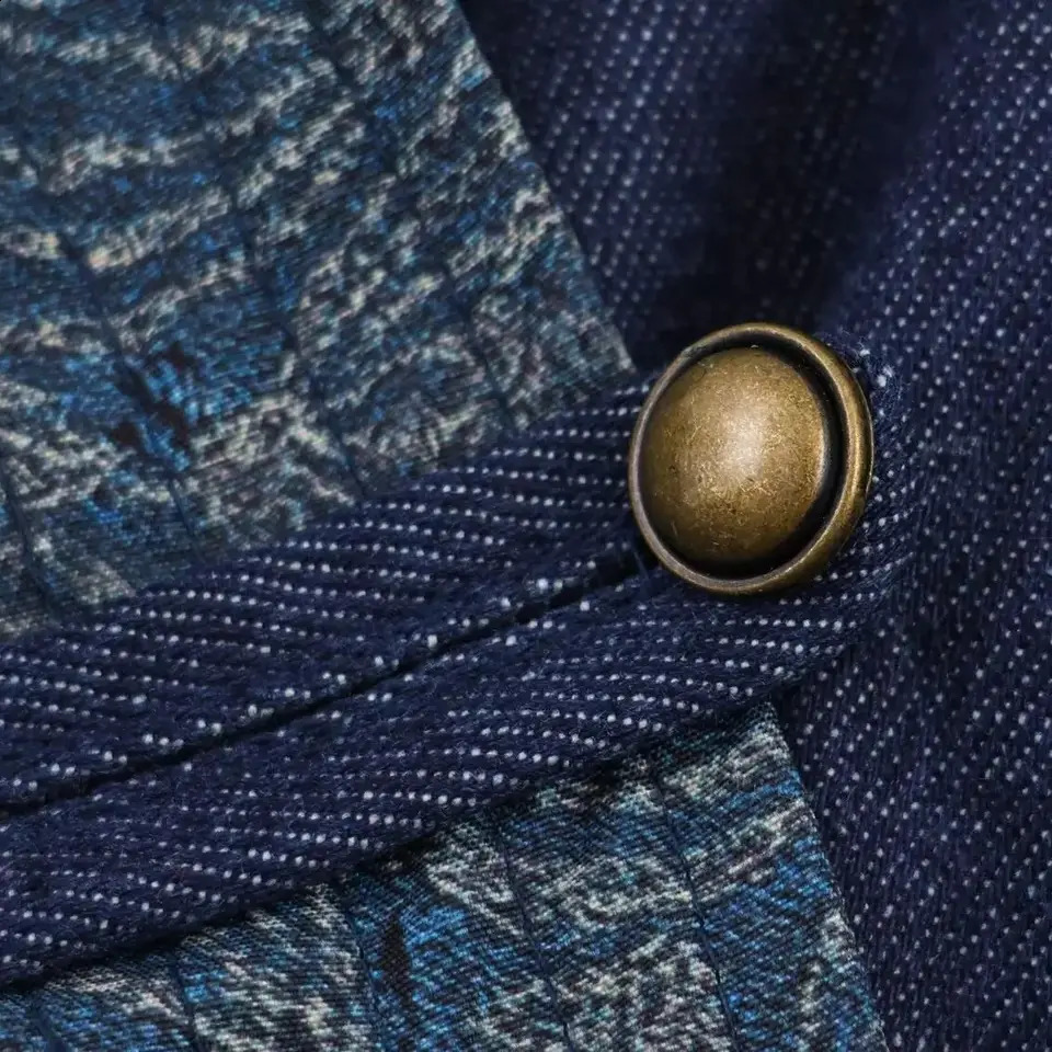 Autumn Deep Blue Contrast Color Kimono Denim Coat Women Ethnic Cross V neck Front Buttons Loose Jacket Outerwear 250923