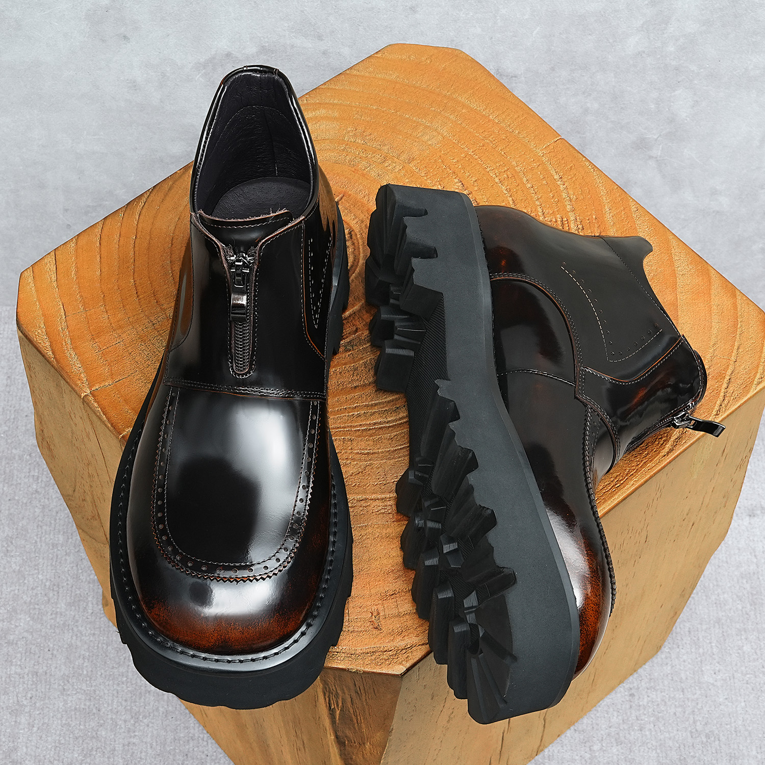 High Top Mens Full Grain Leather Work Boots - Smooth Shine Design & Durable Construction for Everyday Wear