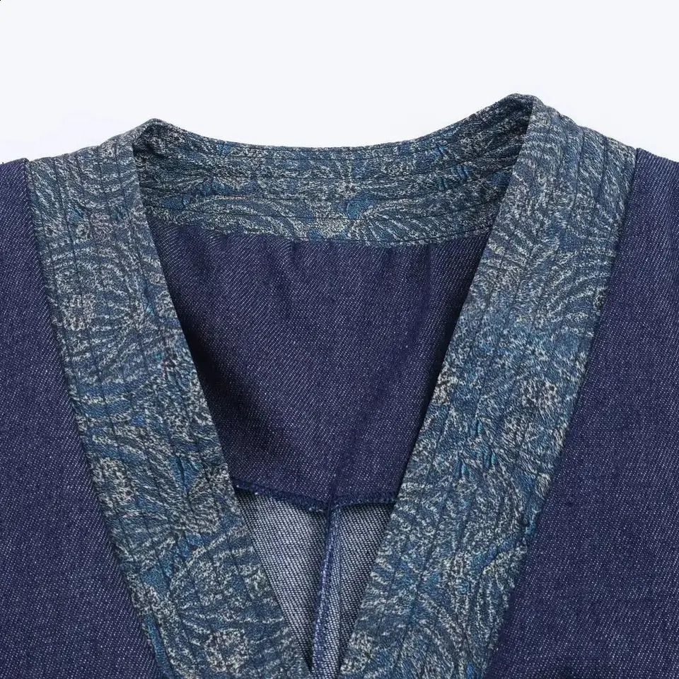 Autumn Deep Blue Contrast Color Kimono Denim Coat Women Ethnic Cross V neck Front Buttons Loose Jacket Outerwear 250923