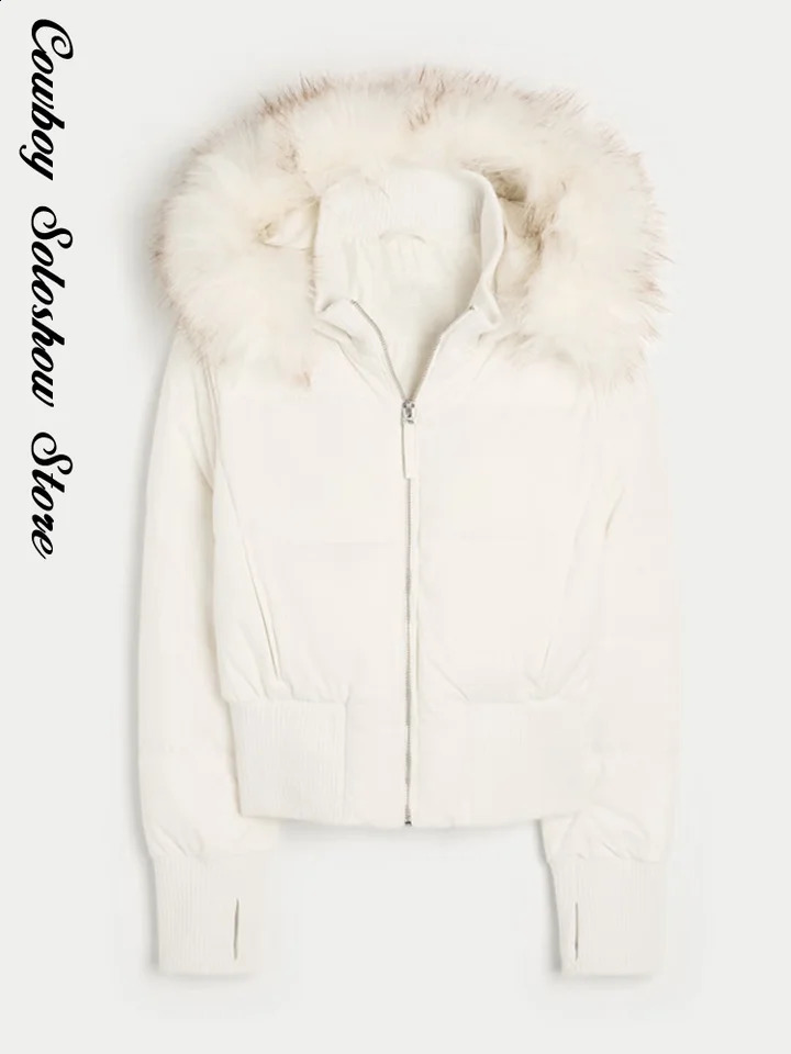 Chic Fur Collar Hooded Womens Cotton Jacket Solid Zipper Slim Waist Pocket Warm Thick Coat Autumn Winter Lady Outwear 250920