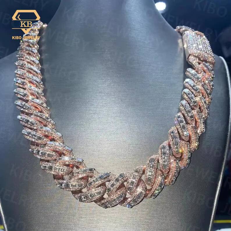 22mm Vermeil Hip Hop Silver With Rose Gold Plated Chains Necklace Emerald Cut Moissanite Diamond Iced Out Cuban Link Chain