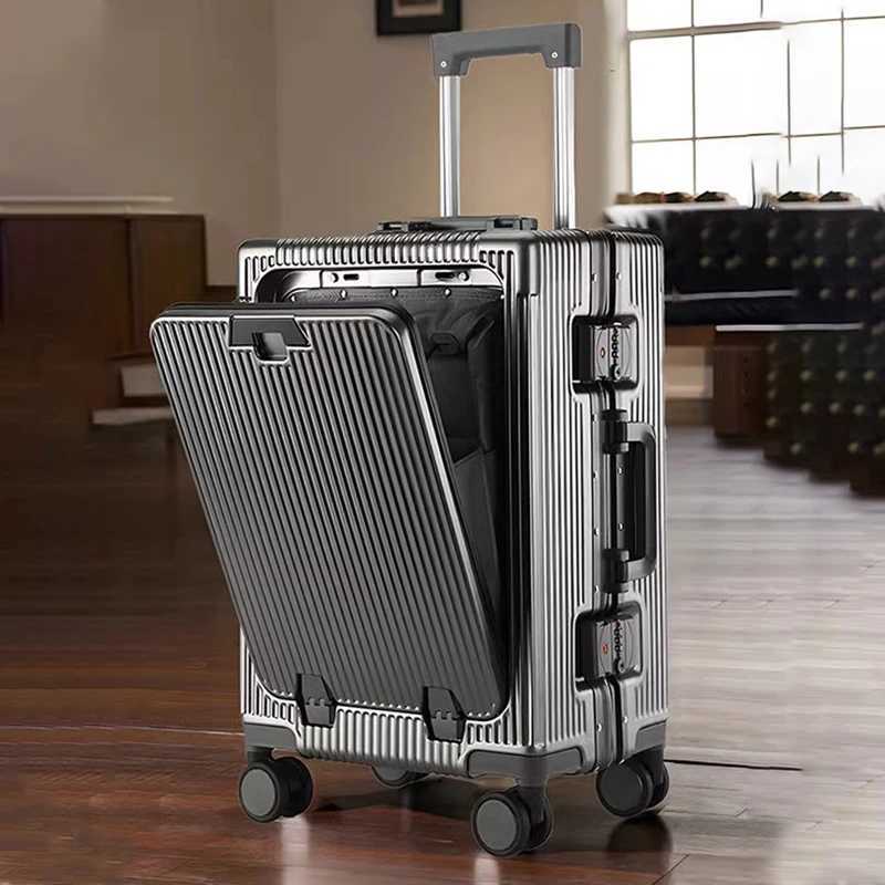 New Suitcase Front Opening Laptop Bag Aluminum Frame Luggage with USB Port Password Trolley Case Travel Suitcases 2028 inch W250920
