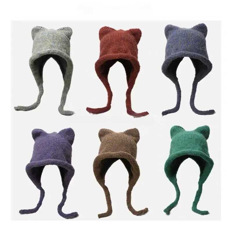 Winter Hat For Wen Men Sklies Beanies Solid Color Korean Cute Cat Ear Warm Wool Ear Protection Knit Pr Str C Y2K Y250920