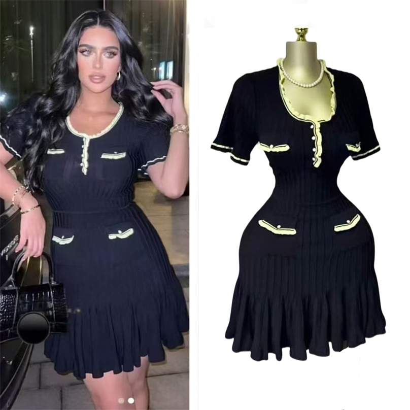 YuooMuoo Chic Fashion Sexy Package Hips Knitted Mini Dress 2025 Summer Women Elegant Black Ruffled Party Dress Streetwear250920