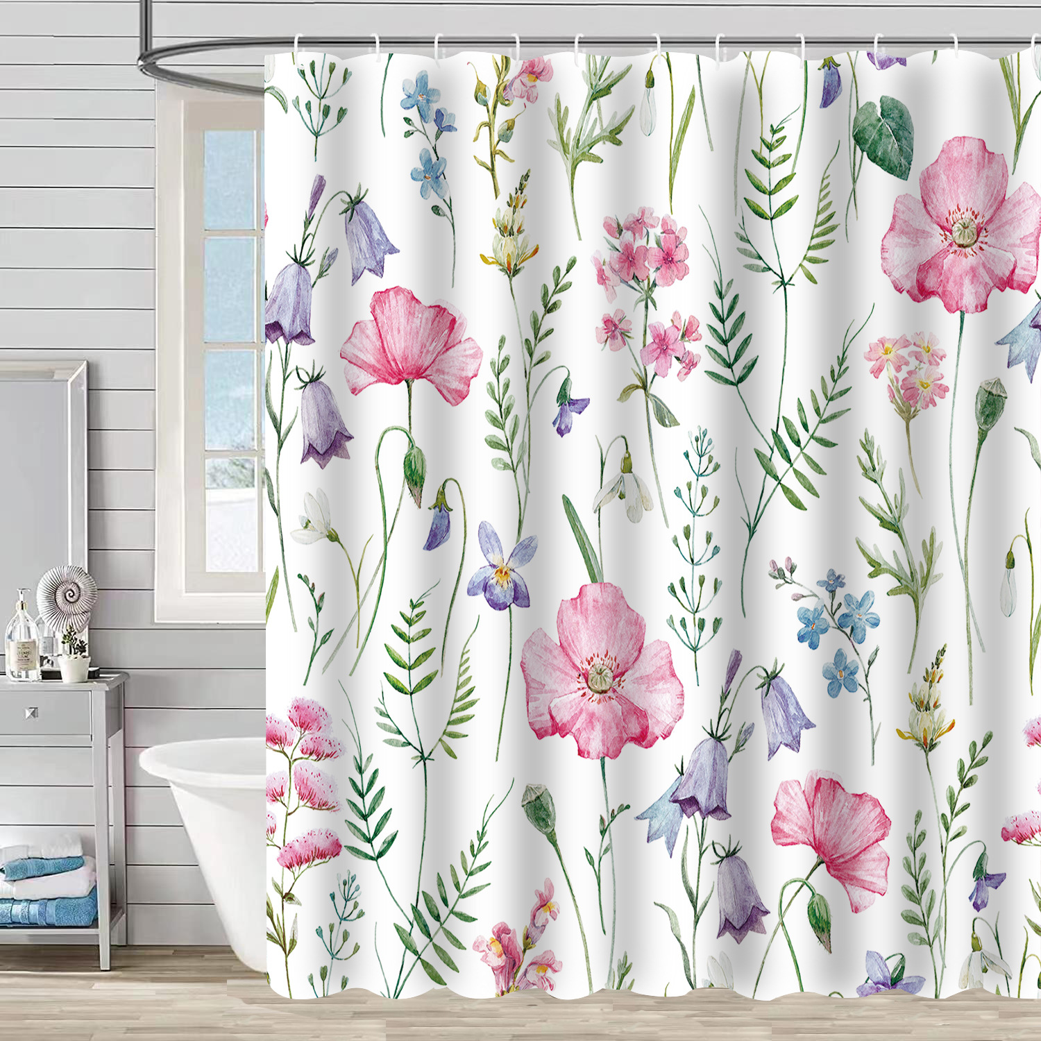 YL-37238 Waterproof Shower Curtain Hot Sale 3D Printed Tropical Jungle Plant Leaves and Flowers Season Polyester Shower Curtain with Hook