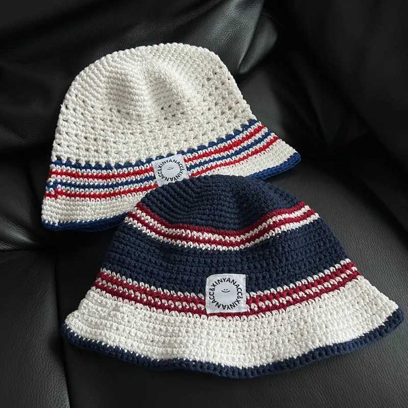 Korean Version Contra Striped Knitted Fisherman Hat Versatile Hollow Breathable Hand Woven Yarn Hat Y250920