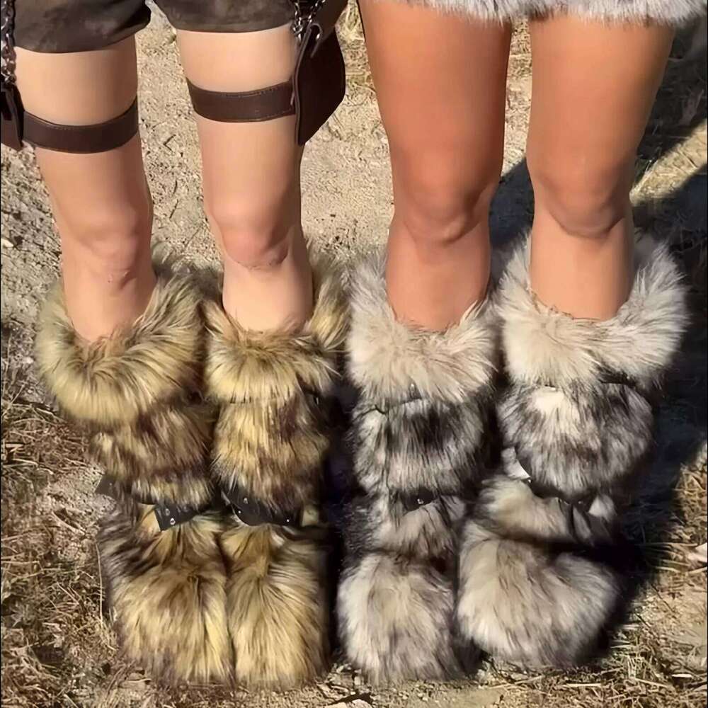 Winter Women Faux Fur Snow Warm Platform Long Cute Plush Over Knee High Boots Y2K Girls Outdoor Furry Shoes