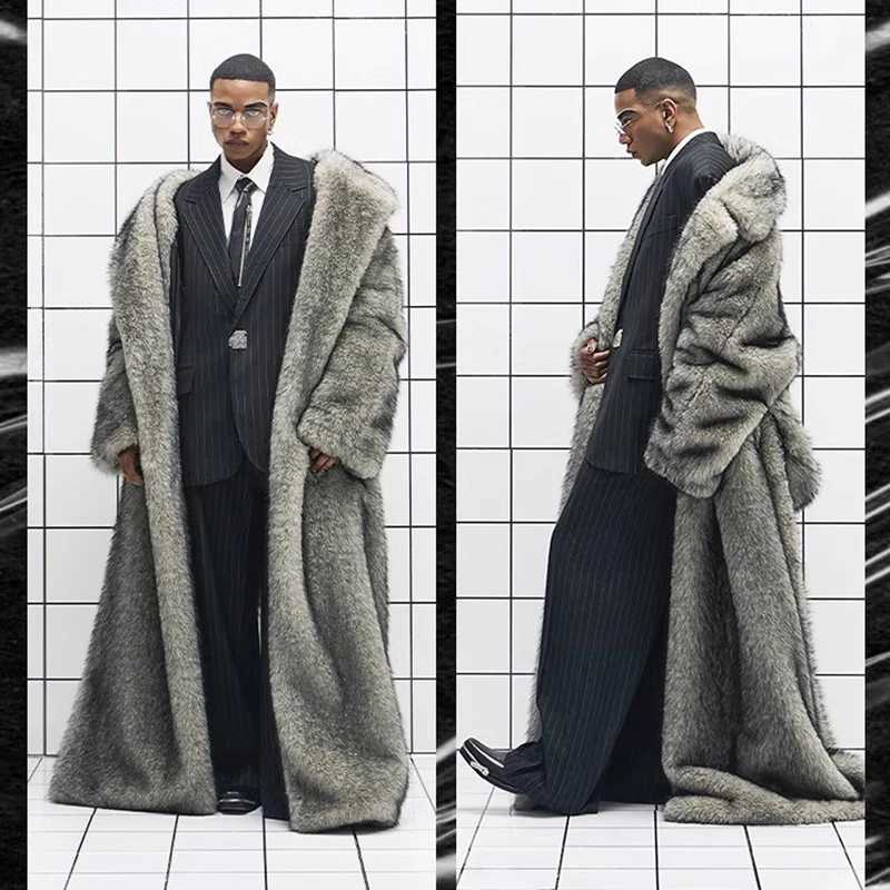 New mens fur coat fox fur lapels long trendy overcoat winter windproof and warm trench coat large size W250920