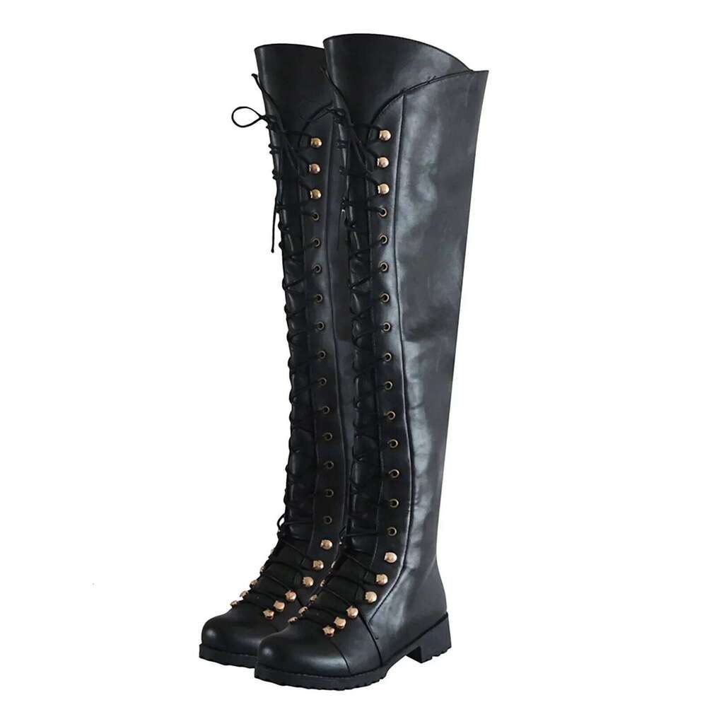 Classic Lace Up Women'S Outdoor Low Heeled Round Toe Shoes Western Bandeau Over Knee Boots Retro Tall Footwear 2024