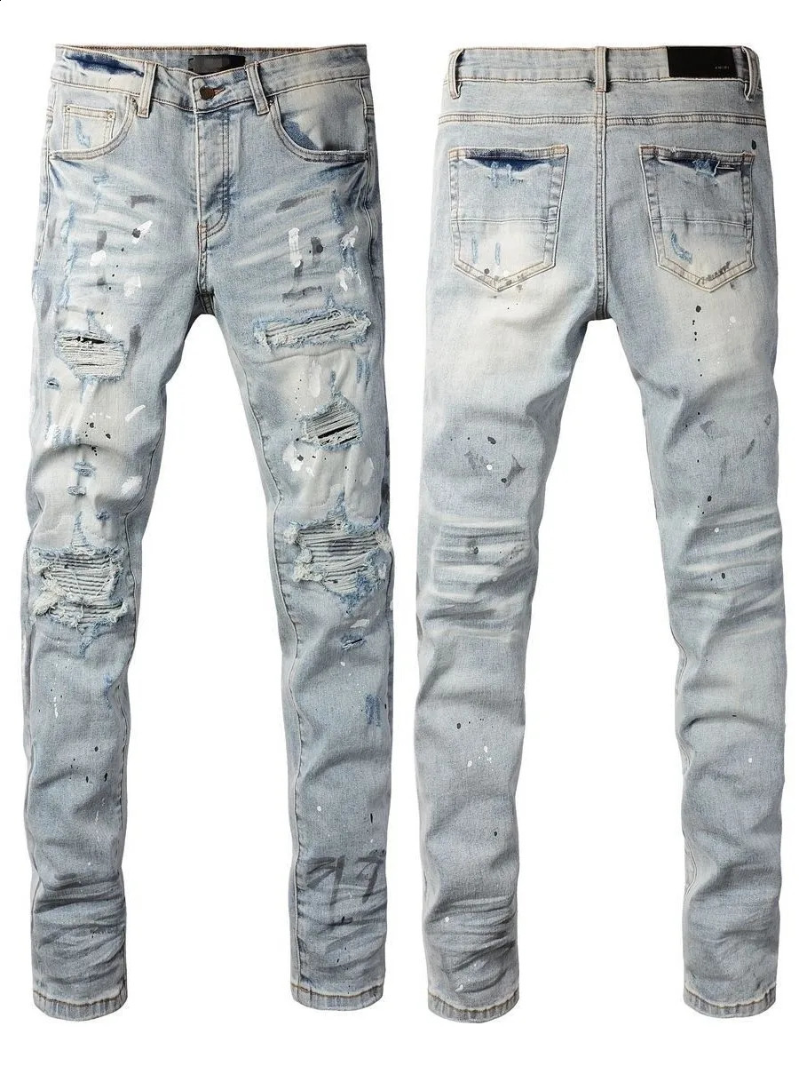 Mens Denim Jeans Trendy Hole Patch Elastic Paint Splatter Light Color High Street Slim Long Pants Casual Sle 250921