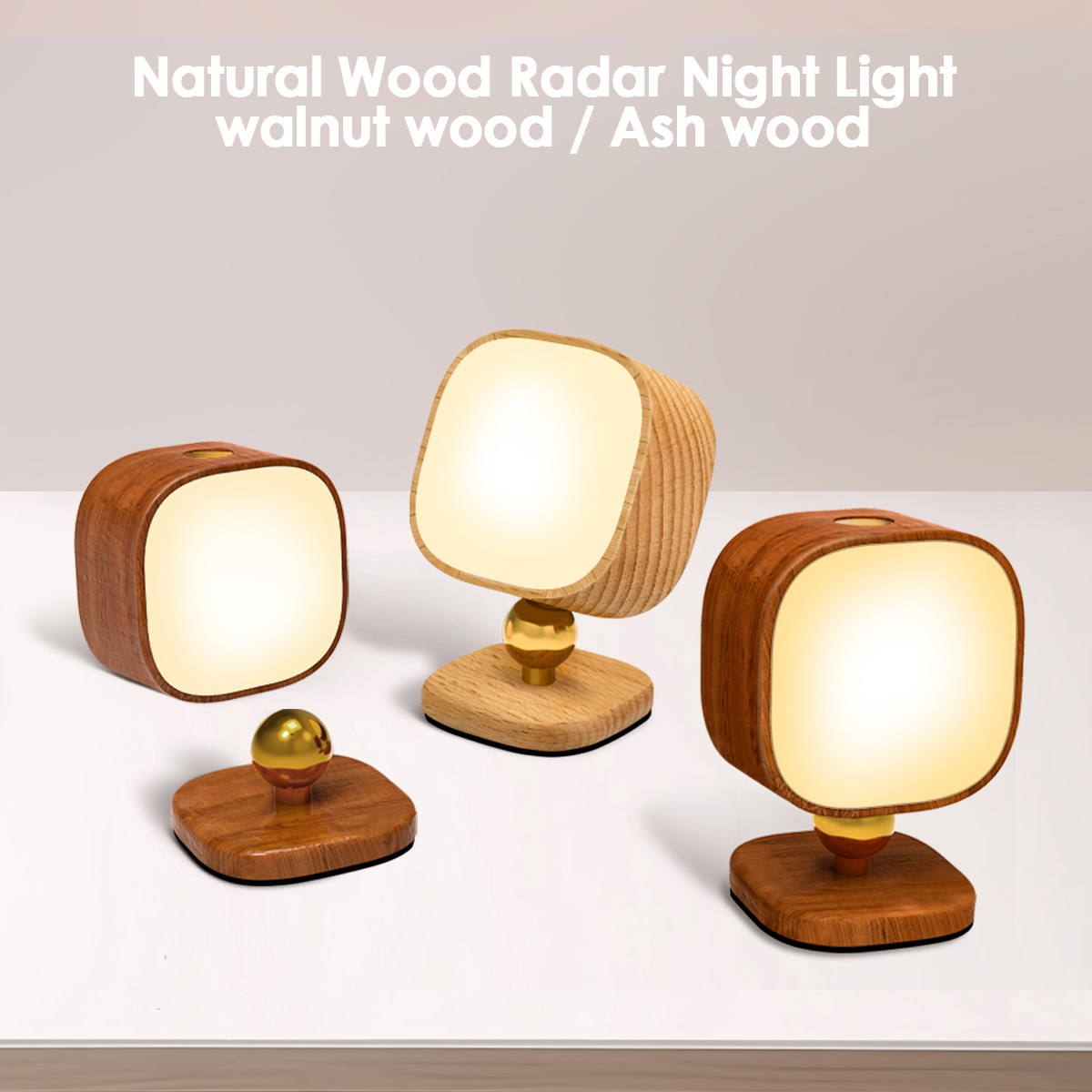 Walnut Ash Wood Radar Sensor Night Light, USB Rechargeable Touch Control Dimmable Bedside Lamp, Eye-Caring Solid Wood Nightlight for Bedroom Nursery D