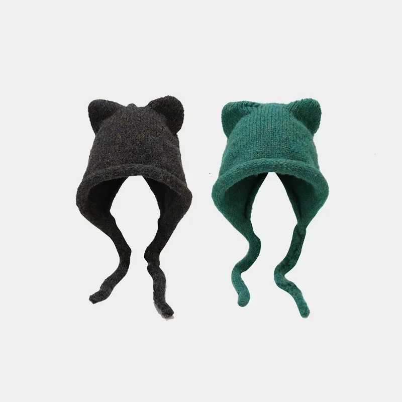 Winter Hat For Wen Men Sklies Beanies Solid Color Korean Cute Cat Ear Warm Wool Ear Protection Knit Pr Str C Y2K Y250920