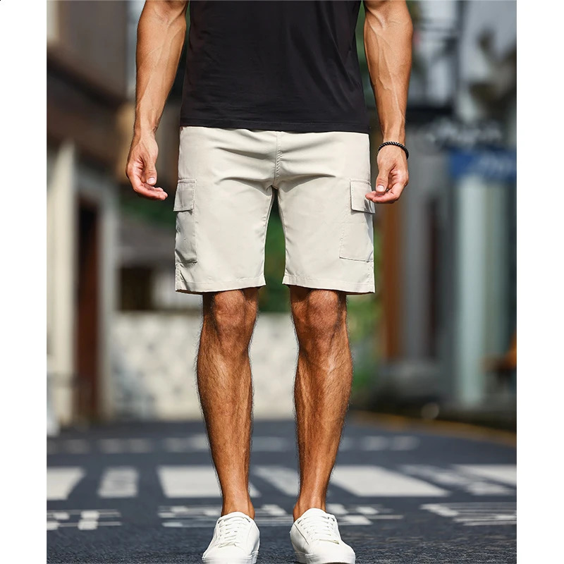 Mens Solid Color Cargo Shorts with Pockets Drawstring Waist Elastic Side Loose Fit Chino Summer Lightweight Trousers 250920