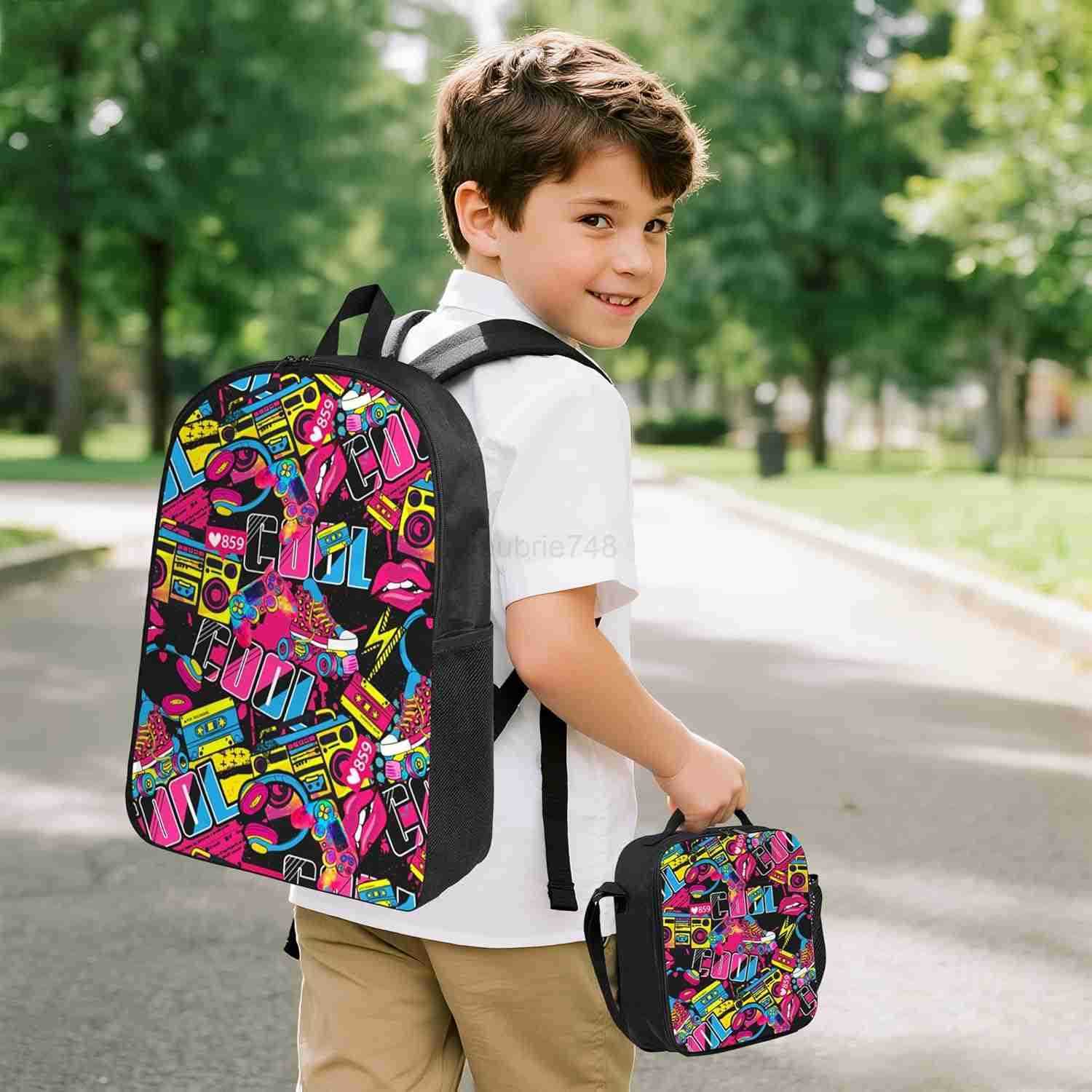 Hip Hop Graffiti Backpack Set with Lunch Bag Pencil Case Large Capacity School Bag 17 Inch Bookbag for boy girlZ250920