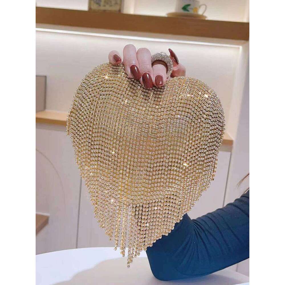 Designer Luxury Rhinestone Clutch Heart Shape Tassel Purse Dia Wedding Party Handbag Sliver Gold Handle Evening Bag