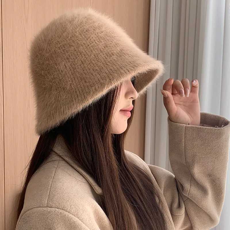 2024 Winter Hat Fem Fashion Solid Color Rabbit Fur Hat C Fishermans Hat Retro Knitted Basin Hats Y250920