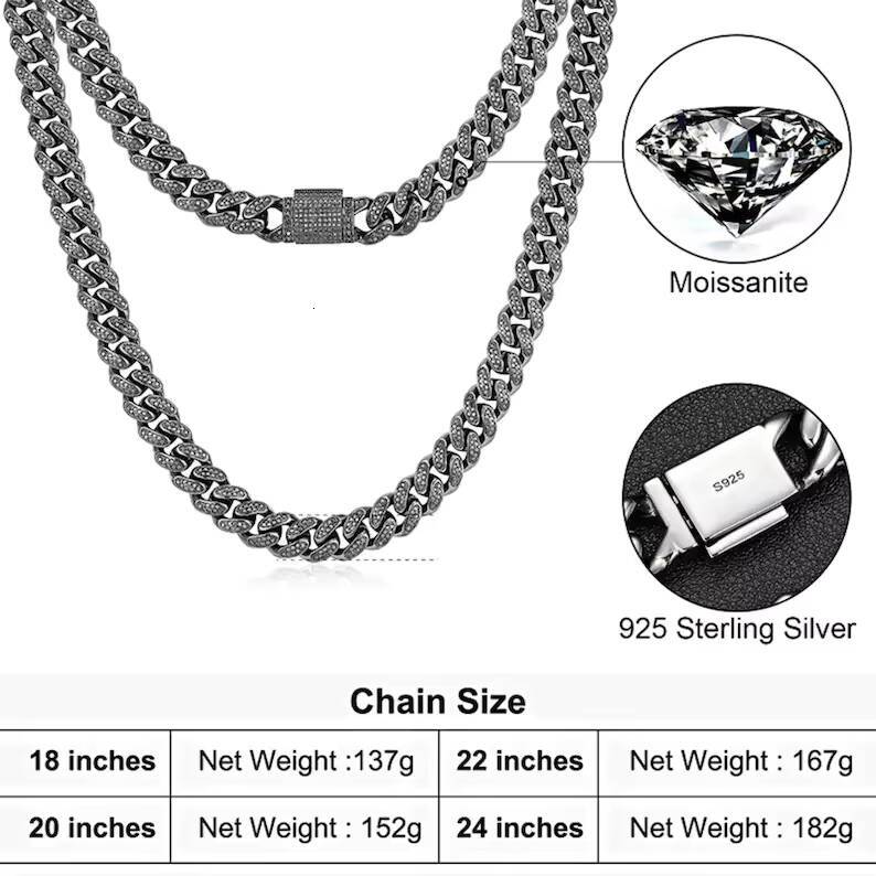 12mm Black Cuban Link Chain 925 Silver Hiphop Style Iced Out Men Necklace VVS Moissanite Cuban Chain