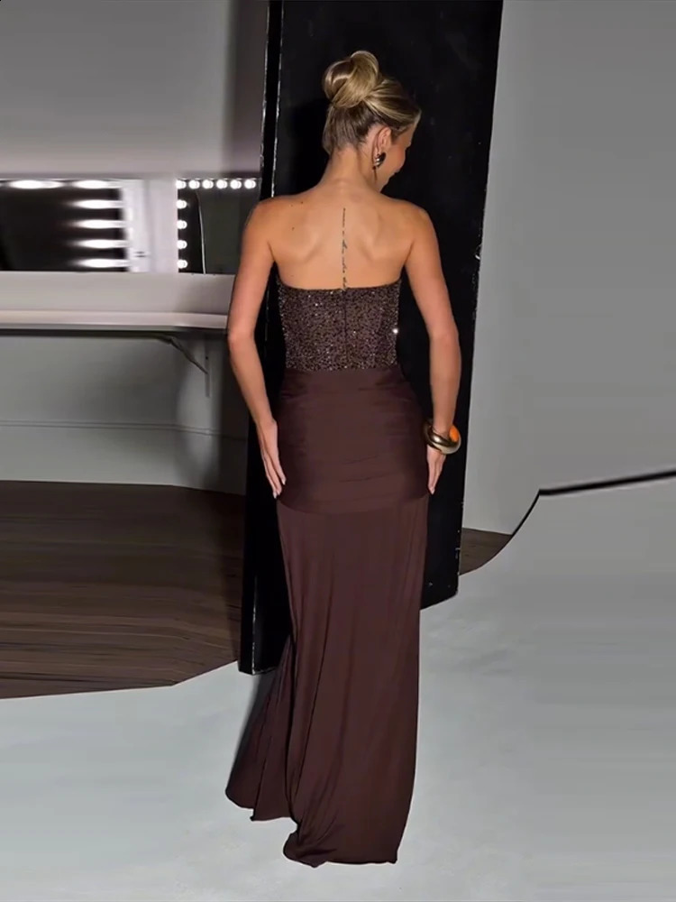 Elegant Sequin Bustier Dress Sexy Strapless Corset Top Draped Satin Lace Up Bodycon Maxi Dresses Evening Party Shining Robe 250920